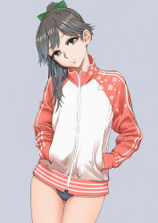 Rule 34 | 1girl, adapted costume, black hair, blue buruma, brown eyes, buruma, commentary request, cowboy shot, floral print, gluteal fold, grey background, hands in pockets, head tilt, highres, houshou (kancolle), jacket, kantai collection, long hair, looking at viewer, multicolored jacket, ponytail, simple background, solo, standing, thigh gap, track jacket, two-tone jacket, yuichi (sp sakura yoshi)