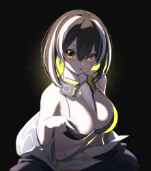 Rule 34 | 1girl, :p, absurdres, arknights, bare shoulders, beudelb, black background, black bra, blush, bra, breasts, brown hair, cleavage, closed mouth, commission, earrings, gradient background, highres, jewelry, large breasts, light particles, looking at viewer, magallan (arknights), mask, mask around neck, multicolored hair, open clothes, pixiv commission, short hair, smile, solo, streaked hair, tongue, tongue out, underwear, upper body, white hair, yellow eyes