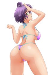 Rule 34 | 1girl, absurdres, arm up, ass, bikini, blush, breasts, cowboy shot, from behind, green eyes, hand on own head, highres, large breasts, looking at viewer, looking back, open mouth, purple hair, seductive smile, short hair, sideboob, smile, solo, standing, strap gap, swimsuit, thick thighs, thighs, thong bikini, yukino akaihi, yukino memories, zel-sama