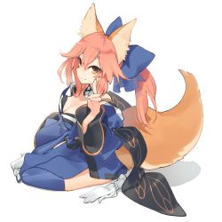 Rule 34 | 10s, 1girl, animal ears, blue bow, bow, breasts, cleavage, fang, fang out, fate/extra, fate (series), fox ears, fox shadow puppet, fox tail, from side, hair bow, nakatani nio, pink hair, ponytail, simple background, solo, tail, tamamo no mae (fate/extra), thighhighs, white background