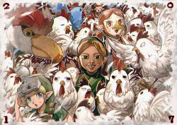 Rule 34 | 2017, 2girls, 3boys, = =, ^ ^, angry, animal, aoki (fumomo), bird, blank eyes, blonde hair, blue eyes, border, brown eyes, brown hair, buckle, character request, chicken, chinese zodiac, clenched teeth, closed eyes, colored skin, cucco, empty eyes, feathers, flying sweatdrops, green hat, grey skin, hand on headwear, hand on own cheek, hand on own face, hat, link, long hair, looking at viewer, low ponytail, mask, mask on head, medli, motion blur, multiple boys, multiple girls, new year, nintendo, odd one out, pointy ears, red background, rooster, short sleeves, sidelocks, sleeveless, smile, sweat, sweatdrop, teeth, the legend of zelda, the legend of zelda: majora&#039;s mask, the legend of zelda: skyward sword, the legend of zelda: the wind waker, too many, too many birds, white border, year of the rooster