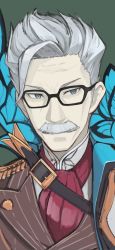 Rule 34 | 1boy, absurdres, ascot, black-framed eyewear, blue eyes, buckle, close-up, closed mouth, epaulettes, facial hair, fate/grand order, fate (series), forehead, glasses, green background, grey hair, highres, james moriarty (archer) (fate), looking at viewer, male focus, mikoto (oi plus), military, military uniform, mustache, red ascot, simple background, solo, tsurime, uniform, upper body, v-shaped eyebrows