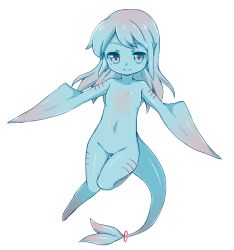 Rule 34 | 1girl, blue eyes, blue hair, blue sclera, blue skin, closed mouth, colored sclera, colored skin, filet (kai himo), fins, fish girl, fish tail, flat chest, full body, gills, kai himo, long hair, looking at viewer, monster girl, no feet, no hands, no nipples, no pussy, nude, original, red pupils, shark girl, simple background, smile, solo, tail, thigh gap, white background