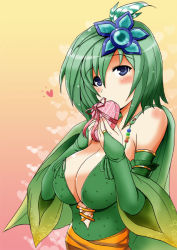 Rule 34 | 1990s (style), 1girl, blush, breasts, bridal gauntlets, chocolate, cleavage, final fantasy, final fantasy iv, green hair, hair ornament, heart, large breasts, rydia (ff4), solo, valentine, yasakani an