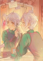 Rule 34 | 1boy, 1girl, :o, adjusting hair, alternate hairstyle, anocurry, arms up, braid, brother and sister, clanne (fire emblem), closed eyes, fire emblem, fire emblem engage, flower, framme (fire emblem), grey hair, highres, long hair, long sleeves, looking at mirror, mirror, multicolored hair, nintendo, open mouth, ribbon, scarf, short hair, siblings, sommie (fire emblem), stretching, table, twins, two-tone hair, yawning, yellow eyes