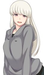 Rule 34 | 1girl, breasts, collarbone, commentary request, drawstring, eye contact, facing viewer, hood, hood down, hoodie, jacket, long hair, long sleeves, looking at another, looking at viewer, michihasu, open mouth, original, simple background, smile, solo, standing, teeth, white background
