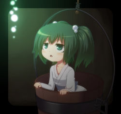 Rule 34 | 1girl, blush, bucket, collarbone, curious, female focus, green eyes, green hair, hair bobbles, hair ornament, in bucket, in container, kagesaki-ice, kisume, long sleeves, matching hair/eyes, open mouth, short hair, solo, touhou, twintails