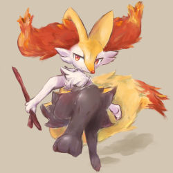Rule 34 | 1other, absurdres, animal ear fluff, animal ears, animal feet, animal hands, animal nose, body fur, braixen, brown background, closed mouth, creatures (company), feet, foreshortening, fox ears, fox tail, full body, furry, game freak, gen 6 pokemon, happy, highres, holding, holding stick, jumping, leg up, multicolored fur, neck fur, nintendo, other focus, pokemon, pokemon (creature), red eyes, san (sanchimpo), simple background, smile, snout, solo, stick, tail