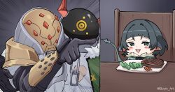 1girl 2boys animal_ears arm_around_back armor black_hair blush_stickers chibi chibi_inset earrings emphasis_lines food fur_collar furrowed_brow gloves green_eyes helm helmet highres jane_doe_(zenless_zone_zero) jewelry medium_bangs meme mouse_ears multiple_boys open_mouth pointing razor_(zenless_zone_zero) smile stud_earrings tail twitter_username whitek woman_yelling_at_cat_(meme) zenless_zone_zero