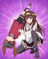 Rule 34 | 10s, 2girls, ahoge, bare shoulders, black footwear, boots, brown eyes, brown hair, detached sleeves, double bun, hair bun, hair ornament, hairband, hat, headgear, japanese clothes, jitome, jpeg artifacts, kantai collection, kneeling, kongou (kancolle), long hair, looking at viewer, multiple girls, nontraditional miko, on one knee, ryuujou (kancolle), sama samasa, short hair, skirt, smile, thigh boots, thighhighs, twintails, visor cap