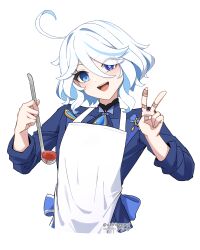 Rule 34 | 1girl, :d, absurdres, ahoge, apron, asiri senpai, blue eyes, blue jacket, brooch, commentary, furina (genshin impact), genshin impact, head tilt, highres, holding, holding ladle, jacket, jewelry, ladle, long sleeves, looking at viewer, no headwear, open mouth, revision, short hair, smile, solo, upper body, v, white apron, white hair