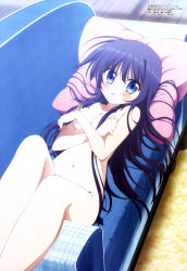 Rule 34 | 1girl, :o, absurdres, blue eyes, blue hair, blush, breasts, casual nudity, cleavage, completely nude, couch, covering privates, covering breasts, crossed arms, dutch angle, from above, hair over breasts, hair over one breast, highres, juuoumujin no fafnir, long hair, looking at viewer, lying, matching hair/eyes, megami magazine, mononobe mitsuki, navel, non-web source, nude, official art, on back, on couch, open mouth, pillow, plaid, rug, small breasts, solo, very long hair, wooden floor, yasuda shouko
