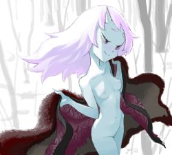 Rule 34 | 1girl, backlighting, bad drawr id, bad id, bare tree, blue skin, blush, breasts, closed mouth, collarbone, colored skin, completely nude, cowboy shot, drawr, floating hair, forest, from side, fur trim, furrowed brow, groin, half-closed eyes, hands up, head tilt, holding, holding clothes, horns, light purple hair, long hair, looking away, looking to the side, nature, navel, nipples, nose blush, nude, oekaki, oni, oni horns, original, outdoors, perky breasts, purple eyes, short eyebrows, single horn, skinny, small breasts, smile, snow, solo, split mouth, standing, stomach, tekitouna, tree, unworn clothes, w arms