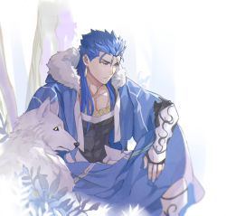 Rule 34 | 1boy, blue hair, covered abs, covered navel, cu chulainn (caster) (fate), cu chulainn (fate), cu chulainn (fate/stay night), earrings, emya, fate/grand order, fate/stay night, fate (series), hood, hoodie, jewelry, male focus, muscular, pectorals, red eyes, skin tight, solo, spiked hair, vambraces, wolf