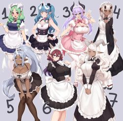 Rule 34 | 6+girls, :d, :o, arm under breasts, bad id, bad twitter id, black eyes, black legwear, black ribbon, black sclera, blue hair, breasts, bridal garter, brown hair, cleavage, cleavage cutout, clothing cutout, colored sclera, commentary, curly hair, dark-skinned female, dark skin, detached sleeves, english commentary, frills, green hair, grey background, grey hair, hair between eyes, hair ribbon, hand on own hip, hands on own knees, highres, horns, iwbitu, juliet sleeves, large breasts, long sleeves, looking at viewer, low twintails, maid, maid headdress, medium breasts, mixed maids, multiple girls, open mouth, original, outline, pink eyes, pointy ears, puffy detached sleeves, puffy short sleeves, puffy sleeves, purple hair, red eyes, ribbon, short sleeves, simple background, single horn, small breasts, smile, thighhighs, twintails, v arms, wa maid, white hair, white legwear, white outline, wide sleeves, wrist cuffs, yellow eyes
