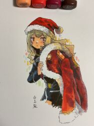 Rule 34 | 1girl, belt, black jacket, blonde hair, brown eyes, closed mouth, dot mouth, fur-trimmed headwear, fur-trimmed jacket, fur trim, hat, highres, jacket, long hair, looking to the side, photo (medium), pom pom (clothes), red hat, red jacket, saijou claudine, santa hat, shiratama (hockey), shoujo kageki revue starlight, solo, traditional media, upper body