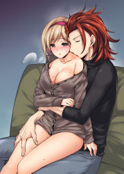 Rule 34 | 10s, 1boy, 1girl, abe inori, blonde hair, blush, bottomless, breasts, brown eyes, cleavage, djeeta (granblue fantasy), dress shirt, closed eyes, granblue fantasy, heavy breathing, hetero, hug, hug from behind, large breasts, off shoulder, open mouth, percival (granblue fantasy), red hair, shirt, short hair, sitting, sitting on person
