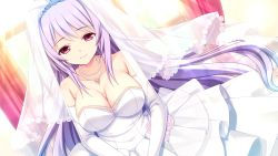Rule 34 | 1girl, bare shoulders, breasts, cleavage, closed mouth, detached sleeves, dress, dutch angle, female focus, flower, fuyuichi monme, game cg, highres, indoors, jewelry, long hair, looking at viewer, necklace, official art, pearl necklace, pink eyes, purple hair, ren&#039;ai karichaimashita, smile, solo, soraji tsubaki, veil, wedding dress, white dress, white sleeves