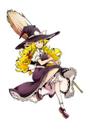 Rule 34 | 1girl, blonde hair, broom, female focus, givuchoko, hat, highres, kirisame marisa, long hair, simple background, smile, solo, touhou, white background, witch hat, yellow eyes