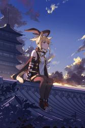 Rule 34 | 1girl, absurdres, animal ears, architecture, black gloves, blue eyes, braid, closed mouth, cloud, cloudy sky, east asian architecture, fake animal ears, final fantasy, final fantasy xiv, gloves, heterochromia, highres, jl tan, leotard, miqo&#039;te, on roof, outdoors, rabbit ears, red eyes, rooftop, shoes, sitting, sitting on roof, sky, solo, thighhighs, warrior of light (ff14)