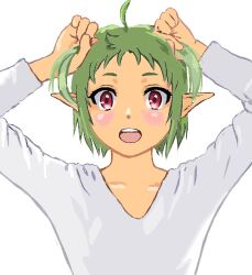 Rule 34 | 1girl, ahoge, alternate costume, arms up, elf, green hair, hands in hair, holding, holding own hair, looking at viewer, mizumori keiichi, mushoku tensei, open mouth, pointy ears, red eyes, shirt, short hair, simple background, solo, sylphiette (mushoku tensei), upper body, white background, white shirt