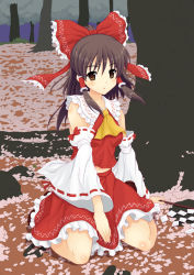 Rule 34 | 1girl, bad id, bad pixiv id, bohemian archive in japanese red, bow, brown eyes, brown hair, cherry blossoms, detached sleeves, female focus, hair bow, hakurei reimu, japanese clothes, midriff, miko, petals, rasahan, short hair, skirt, solo, touhou
