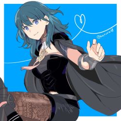 Rule 34 | 1girl, armor, black shorts, blue background, blue eyes, blue hair, boots, brown pantyhose, byleth (female) (fire emblem), byleth (fire emblem), cleavage cutout, closed mouth, clothing cutout, fire emblem, fire emblem: three houses, hair between eyes, high heel boots, high heels, highres, juria0801, lace, lace-trimmed legwear, lace trim, medium hair, nintendo, pantyhose, pantyhose under shorts, shorts, simple background, solo, twitter username