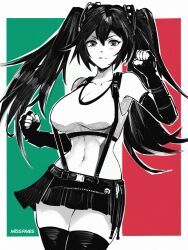 1girl black_skirt black_thighhighs cosplay fantasy final_fantasy final_fantasy_vii flag_background hatsune_miku italian_flag italian_senate_porn_livestream_(meme) meme miss_faves navel partially_colored skirt suspenders tank_top thighhighs tifa_lockhart tifa_lockhart_(cosplay) twintails vocaloid white_tank_top worldwide_miku zettai_ryouiki