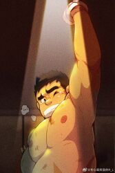 Rule 34 | &gt;:(, ..., 1boy, abs, arm up, armpits, auction, bara, belly, fat, fat man, gag, highres, improvised gag, large pectorals, male focus, muscular, muscular male, nipples, nude, original, pectorals, r.l (2089184064), short hair, sideburns, solo, spotlight, stomach, tape, tape gag, tearing up, thick eyebrows, upper body, v-shaped eyebrows