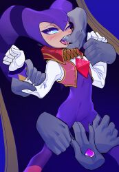 Rule 34 | 1other, 2018, ahegao, androgynous, blush, bodysuit, fingering, hat, highres, jester cap, nights (character), nights into dreams, orgasm, purple bodysuit, restrained, sega, suguro
