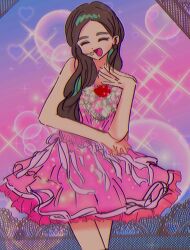 Rule 34 | 1990s (style), 1girl, :d, ^ ^, animification, bare shoulders, brown hair, closed eyes, collarbone, commentary, dress, earpiece, earrings, flower, green hair, hair behind ear, hand on own shoulder, heart, highres, jewelry, joy (red velvet), k-pop, lens flare, multicolored hair, open mouth, pink dress, real life, red flower, red rose, red velvet (group), retro artstyle, rose, smile, solo, sparkle, strapless, strapless dress, streaked hair, symbol-only commentary, yum23930955