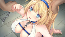 Rule 34 | 1girl, arm grab, armpits, barefoot, blonde hair, blue eyes, blush, breasts, cleavage, collar, feet, female focus, floor, from above, game cg, hand on another&#039;s head, highres, jerez&#039;s arena, kneeling, large breasts, long hair, looking at viewer, looking up, open mouth, original, ponytail, pov, solo, toes