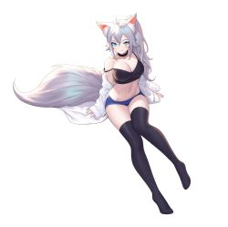 Rule 34 | 1girl, absurdres, ahoge, animal ear fluff, animal ears, bare shoulders, black choker, black shirt, black thighhighs, blue eyes, blue shorts, breasts, camisole, choker, cleavage, closed mouth, collarbone, commentary, commission, crop top, english commentary, facial mark, fang, fox ears, fox girl, fox tail, full body, hair between eyes, heart, highres, jacket, large breasts, large tail, long hair, long sleeves, looking at viewer, micro shorts, midriff, navel, no shoes, off shoulder, open clothes, open jacket, original, shirt, shorts, side ponytail, silver hair, simple background, sitting, siun, sleeveless, sleeveless shirt, smile, solo, spaghetti strap, stomach, strap slip, tail, thighhighs, thighs, white background, white jacket