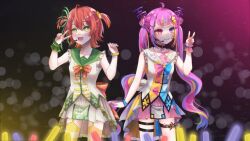 Rule 34 | 2girls, ahoge, asymmetrical clothes, asymmetrical legwear, commission, commissioner upload, dress, female focus, flat chest, fuyo cloverfield, glowstick, green eyes, hair ornament, hairclip, heterochromia, highres, idol, idol corp, long hair, looking at viewer, microphone, multicolored hair, multiple girls, open mouth, pink eyes, pink hair, purple eyes, ribbon, riro ron, shirt, short hair, skirt, smile, star (symbol), thighhighs, thighs, twintails, v, virtual youtuber