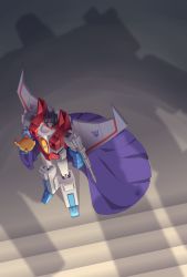 Rule 34 | 1boy, arm cannon, cape, clenched hand, crown, decepticon, highres, holding, holding crown, lantana0 0, looking up, mecha, megatron, purple cape, robot, science fiction, shadow, solo focus, starscream, transformers, weapon