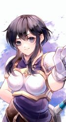 Rule 34 | 1girl, absurdres, arm behind back, armor, belt, black hair, breastplate, creyton, earrings, fire emblem, fire emblem: genealogy of the holy war, glass, gloves, highres, jewelry, knocking, larcei (fire emblem), looking at viewer, nintendo, purple tunic, sheath, sheathed, shoulder armor, sidelocks, simple background, smile, solo, sword, tunic, weapon