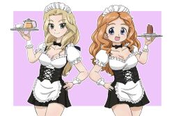 Rule 34 | 2girls, alternate costume, apron, black bow, black bowtie, black dress, black ribbon, blonde hair, blue eyes, bow, bowtie, breasts, closed mouth, cup, dress, drill hair, enmaided, food, frilled cuffs, frilled sleeves, frills, girls und panzer, green eyes, hair ribbon, hand on own hip, holding, holding tray, isabe (girls und panzer), long hair, looking at viewer, low-tied long hair, maid, maid headdress, medium breasts, mont blanc (food), multiple girls, open mouth, orange hair, outline, puffy short sleeves, puffy sleeves, purple background, ribbon, saucer, short dress, short sleeves, smile, sofue (girls und panzer), standing, takahashi kurage, teacup, teapot, tray, underbust, waist apron, wavy hair, white apron, white outline