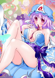 Rule 34 | 1girl, bare shoulders, barefoot, between breasts, blush, breasts, cleavage, female focus, highres, japanese clothes, large breasts, looking at viewer, mouth hold, nagii yuki, off shoulder, pink eyes, pink hair, ribbon, saigyouji yuyuko, smile, solo, touhou, triangular headpiece