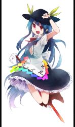 Rule 34 | 1girl, :d, back bow, black hat, black skirt, black wristband, blue hair, blush, boots, bow, bowtie, brown footwear, hat, hat leaf, highres, hinanawi tenshi, long hair, looking at viewer, open mouth, puffy short sleeves, puffy sleeves, rainbow order, red bow, red bowtie, red eyes, shirt, short sleeves, sidelocks, skirt, smile, solo, suehachi (hikage), sword of hisou, touhou, very long hair, white bow, white shirt