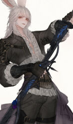 Rule 34 | 1boy, absurdres, animal ears, black jacket, brown gloves, closed mouth, cowboy shot, cropped jacket, final fantasy, final fantasy xiv, fingerless gloves, gloves, grey pants, highres, holding, holding sword, holding weapon, jacket, leg belt, looking at viewer, male focus, open clothes, open jacket, pants, rabbit ears, red eyes, samurai (final fantasy), sheath, shirt, simple background, smile, solo, standing, sword, tladpwl03, unsheathing, viera, warrior of light (ff14), weapon, white background, white hair, white shirt