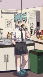 Rule 34 | 1boy, animal ear fluff, animal ears, aoi kujira, bags under eyes, belt, black necktie, black shorts, blue eyes, blue footwear, blue hair, brand name imitation, cabinet, cat boy, cat ears, collared shirt, crocs, energy drink, hand in pocket, highres, indoors, jitome, low ponytail, male focus, misskey.io, murakami-san (misskey.io), necktie, shirt, shirt tucked in, shorts, sign, sink, sleeves rolled up, soap bottle, solo, trash can, webp-to-png conversion, white shirt