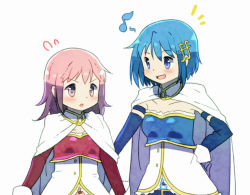Rule 34 | +++, 2girls, :d, alternate color, alternate hairstyle, arms at sides, bad id, bad pixiv id, belt, blue eyes, blue hair, blush, breasts, cape, collarbone, cosplay, detached sleeves, dot nose, eighth note, flying sweatdrops, fortissimo, frown, gloves, hair down, hair ornament, hairclip, hand on another&#039;s back, hand on own hip, happy, height difference, kaname madoka, kirikuchi riku, looking at another, looking away, mahou shoujo madoka magica, mahou shoujo madoka magica (anime), medium breasts, medium hair, miki sayaka, miki sayaka (cosplay), multiple girls, musical note, musical note hair ornament, open mouth, parted lips, pink eyes, pink hair, short hair, side-by-side, simple background, small breasts, smile, soul gem, standing, strapless, upper body, v-shaped eyebrows, white background, white cape, white gloves