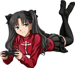 Rule 34 | 1girl, :3, black skirt, black thighhighs, fate/stay night, fate (series), feet, game console, green eyes, hair ornament, no shoes, playstation 2, ribbon, simple background, skirt, solo, sweater, thighhighs, tohsaka rin, twintails