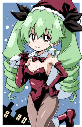 Rule 34 | 1girl, anchovy (girls und panzer), black ribbon, boots, bow, bowtie, breasts, bright pupils, brown eyes, building, christmas, cleavage, closed mouth, collar, commentary, covered navel, detached collar, drill hair, elbow gloves, girls und panzer, gloves, green hair, grey pantyhose, hair ribbon, hand on own hip, hat, highres, holding, holding sack, leg up, leotard, long hair, looking at viewer, medium breasts, night, outdoors, over shoulder, pantyhose, playboy bunny, ponzu rui, red bow, red bowtie, red footwear, red gloves, red hat, red leotard, ribbon, sack, santa boots, santa hat, smile, snowing, solo, standing, standing on one leg, twin drills, twintails, white collar, white pupils