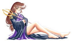 Rule 34 | 1girl, barefoot, bow, brown eyes, brown hair, cosplay, costume switch, artistic error, feet, full body, hair bow, inuyasha, japanese clothes, khakkhara, legs, long hair, low-tied long hair, mikaila, miroku, miroku (cosplay), miroku (inuyasha), miroku (inuyasha) (cosplay), sango (inuyasha), shakujou, simple background, sitting, solo, staff, toes, white background