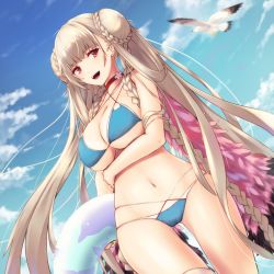 Rule 34 | 1girl, :d, ahoge, alternate costume, animal, azur lane, bare arms, bare shoulders, bikini, bird, blue bikini, blue sky, blush, braid, braided bun, breasts, brown hair, choker, cleavage, cloud, cloudy sky, collarbone, commentary request, cowboy shot, day, double bun, enchuu, feathered wings, floating hair, floral print, formidable (azur lane), formidable (the lady of the beach) (azur lane), hair bun, hair rings, halterneck, highres, holding, innertube, large breasts, long hair, looking at viewer, navel, open mouth, outdoors, red eyes, ribbon, seagull, sidelocks, sky, smile, solo, standing, swim ring, swimsuit, thighhighs, twin braids, twintails, very long hair, wings