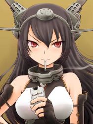 Rule 34 | 10s, 1girl, bare shoulders, black hair, breasts, cigarette, cigarette pack, commentary, fingerless gloves, gloves, hair ornament, hairband, headgear, kantai collection, large breasts, long hair, looking at viewer, nagaoka kenzou, nagato (kancolle), pun, red eyes, simple background, smoke, smoking, solo