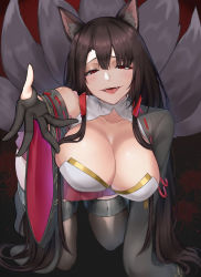 Rule 34 | 1girl, absurdres, akagi (azur lane), animal ears, azur lane, black hair, blush, breasts, cleavage, fox ears, fox tail, highres, japanese clothes, large breasts, long hair, looking at viewer, multiple girls, multiple tails, open mouth, red eyes, sitting, skirt, skysign ft, smile, solo, tail, wide sleeves