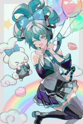 Rule 34 | &gt; &lt;, 1girl, :d, aqua eyes, aqua hair, aqua necktie, balloon, black footwear, black skirt, black sleeves, blue bow, blush, boots, bow, cinnamiku, cinnamoroll, clenched hands, cloud, collared shirt, commentary request, crossover, cup, detached sleeves, ear bow, foot out of frame, grey shirt, hair between eyes, hair bow, hatsune miku, headset, highres, holding, holding balloon, looking at another, lunar (lunar 815), matching outfits, necktie, one eye closed, open mouth, parted lips, pleated skirt, rainbow, sanrio, shirt, skirt, sleeveless, sleeveless shirt, smile, star (symbol), teacup, thigh boots, tie clip, updo, vocaloid