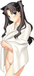 Rule 34 | 1girl, artist request, bathrobe, blush, cleft of venus, embarrassed, fate/stay night, fate (series), female focus, hair ornament, hair ribbon, long hair, looking at viewer, pussy, ribbon, solo, standing, third-party edit, tohsaka rin, transparent background, two side up, uncensored